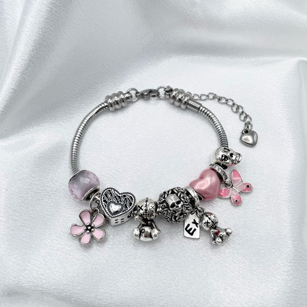 Linx Snake Chain Bracelet with Pink Skull Themed Charms